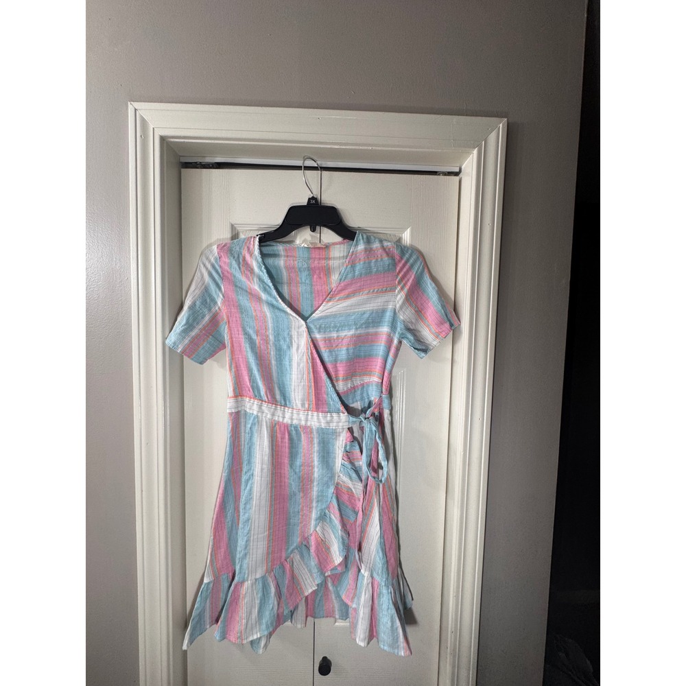 Entro Girls Pink Blue Striped Short Sleeve Ruffle Wrap Dress Size 3X